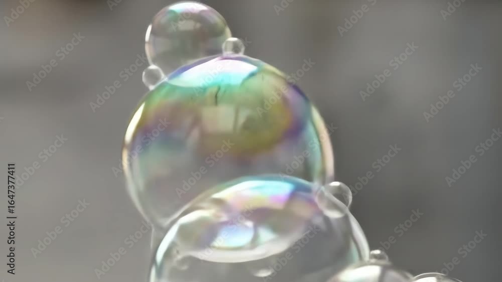 Poster merging soap bubbles forming intricate structures reflecting rainbow colors