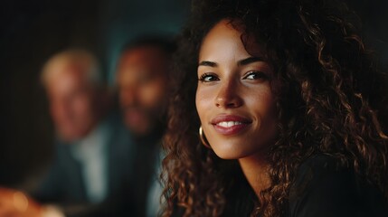 Confident business woman leading a meeting with colleagues in a warm professional setting