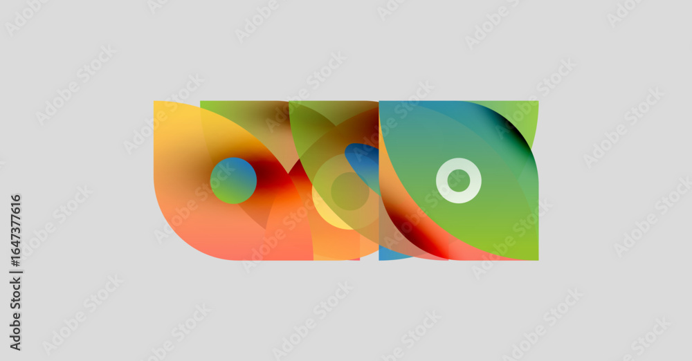 Poster abstract colorful shapes overlap, forming owllike figure. bright hues blend, creating dynamic visual