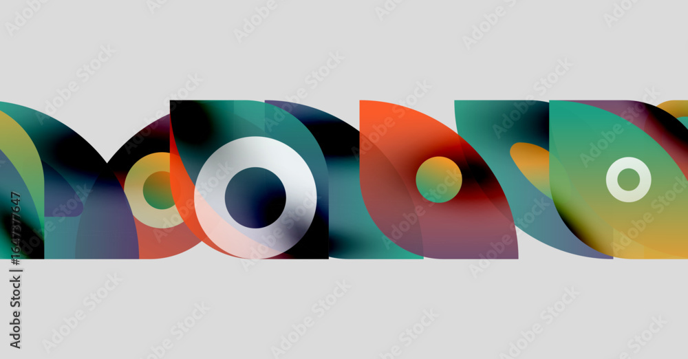 Poster abstract colorful shapes overlap, creating dynamic visual pattern. gradient hues blend, forming mode