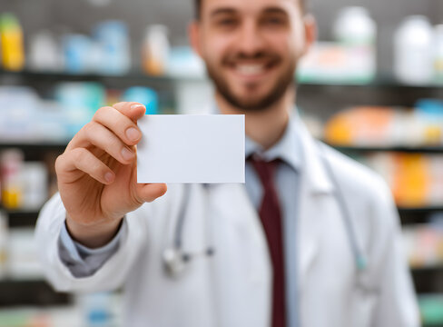 happy male doctor in white uniform holding a blank card inside a modern pharmacy, conveying trust and professionalism in healthcare services with warm smile and bright clean environment