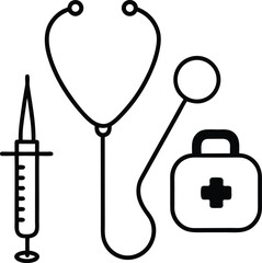 Medical icons including a stethoscope, syringe, and first aid bag healthcare needle