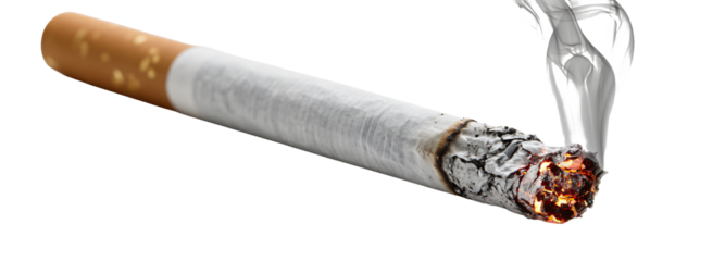 Burning cigarette with smoke, risk and addiction concept isolated