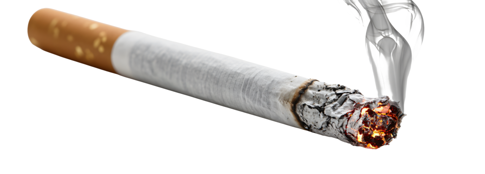 Burning cigarette with smoke, risk and addiction concept isolated