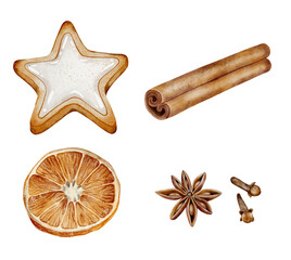 A set of watercolor illustrations: star anise, cloves, cinnamon sticks, dried orange and star-shaped gingerbread. Isolated on a white background. For recipes, packaging and winter projects