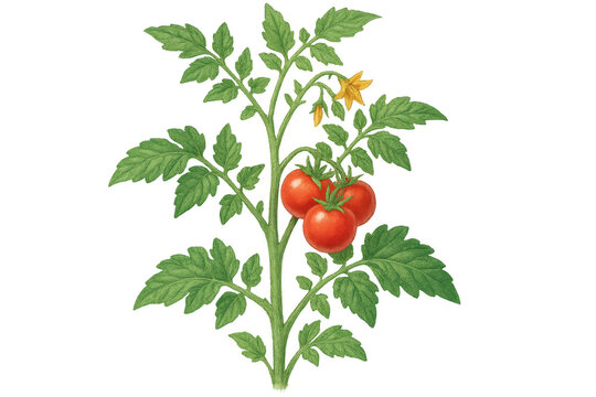Tomato plant growing with ripe red tomatoes and yellow flowers on transparent background