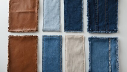 Naklejka premium Swatches of fabric and denim in various colors and textures laid out flat.