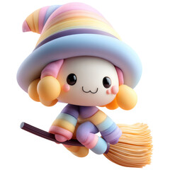 Fototapeta premium Pastelcute flying witch halloween decor cartoon witch adorable colorful magic broomstick smiling character
