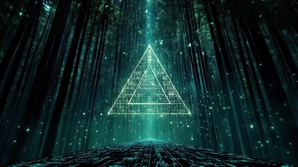 Abstract neon triangle with cyber code in a mystical woodland