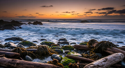 Dramatic sunset over rugged rocky beach with crashing waves