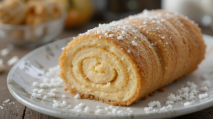 Delicious coconut milk and flour sweet treat shaped like a banana roll