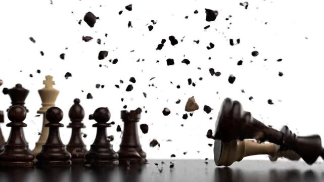 A bullet shatters the black king chess piece next to the queen, representing a violent overthrow, assassination, or conflict.