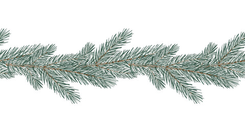 Seamless horizontal border with green fir branches painted in watercolor. Winter botanical illustration on white background. Perfect for Christmas cards, wrapping paper, and festive decorations.