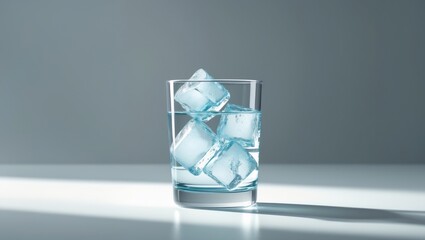A glass of water with ice cubes on a reflective surface.