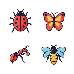 Fototapeta premium Four Insects Ladybug, butterfly, ant & bee, cute designs, on white background