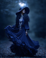 Naklejka premium An enchanting witch embodies mystery in a flowing, dark gown, set in a twilight forest.