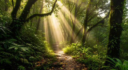 Fototapeta premium Sunbeams pierce through lush green rainforest canopy illuminating a forest path