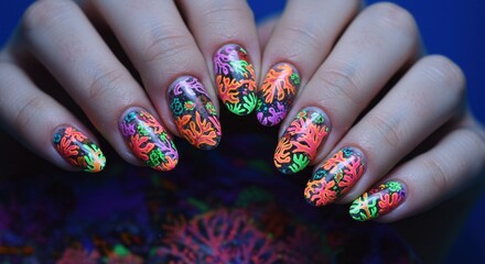 Neon Tropical Nail Art Design Vibrant Monstera Leaves Manicure