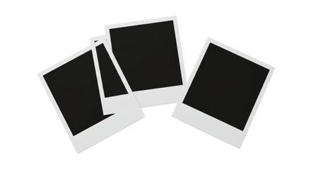 Three to four blank, modern instant camera frames with white borders, new, clean, varying sizes, flat lay on transparent surface, top-down with ample copy space, concept of new ideas and potential