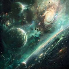 A breathtaking cosmic scene filled with swirling galaxies, massive planets, radiant star clusters, and shimmering nebula clouds. The glowing green and blue hues create a mesmerizing deep-space atmosph