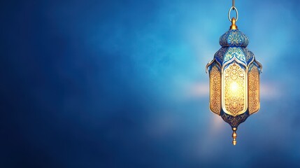 A stunning, illuminated Ramadan lantern adds a touch of elegance against a blue backdrop.