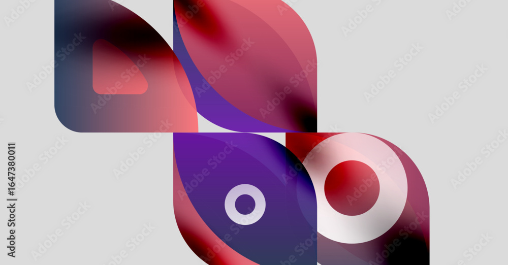 Poster abstract shapes overlap, creating vibrant color blends. gradients shift from purple to red, set agai