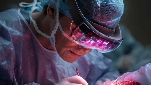 Surgeon in a blue surgical gown using augmented reality glasses during a procedure.