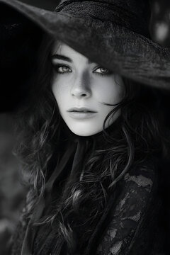 A captivating black-and-white portrait of a witchy woman, exuding mystery and elegance.