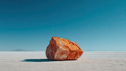Large, orange rock on a vast, white salt flat under a vibrant blue sky