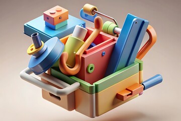 Colorful toolbox filled with various tools inside