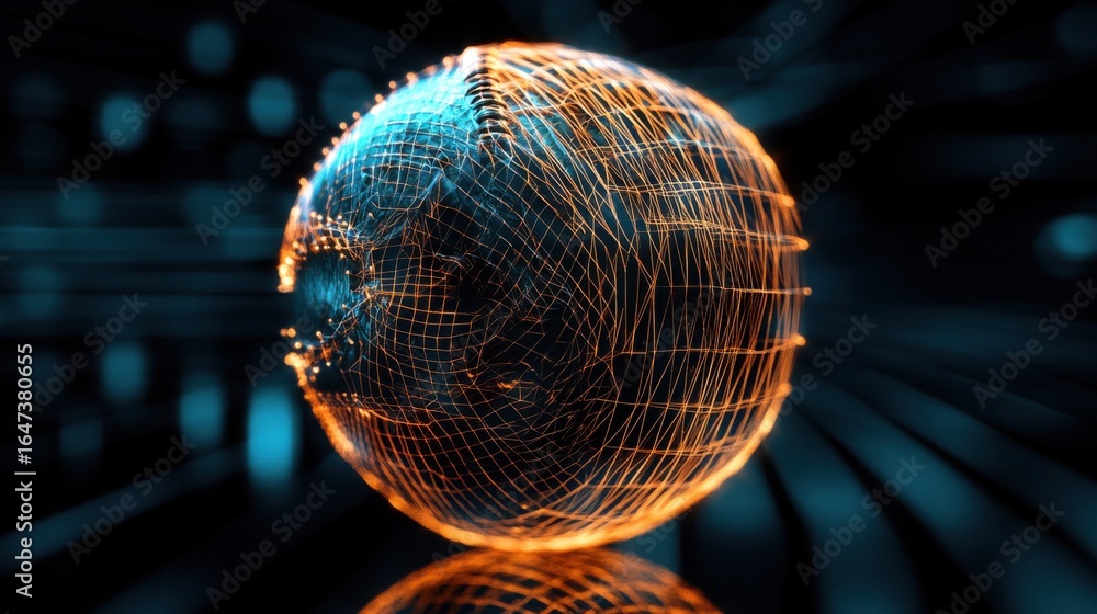 Poster abstract sphere with glowing mesh network and reflection on surface