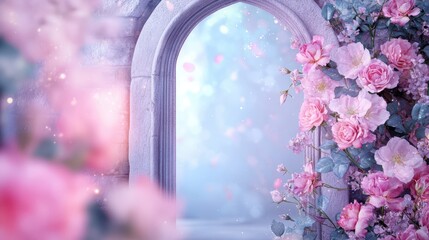 A beautiful fairytale archway adorned with soft pink roses, creating a romantic scene.