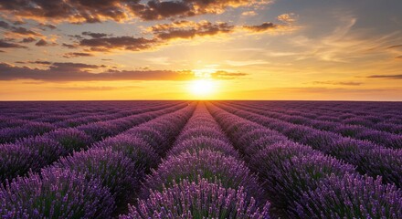 Obraz premium Sunset over Blooming Lavender Fields