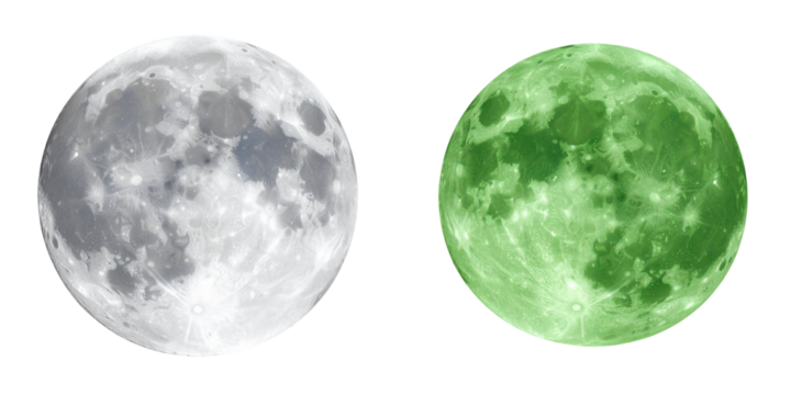 Full moon isolated, gray white and green moon set transparent background