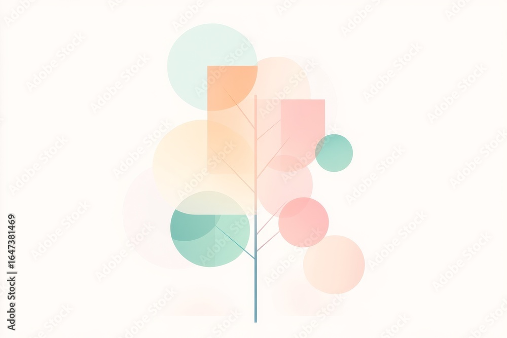 Poster abstract geometric tree with circle and rectangle shapes in pastel colors