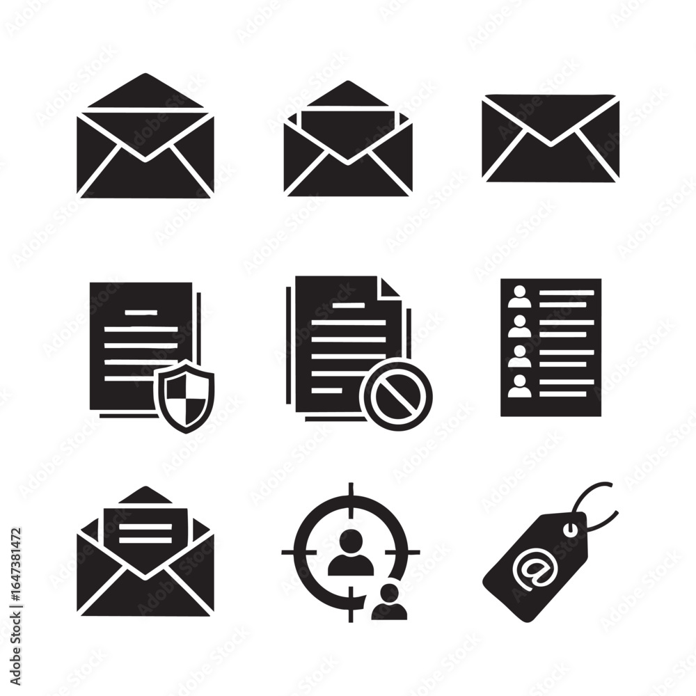 Poster Set of nine black solid icons representing email communication security and user targeting concepts