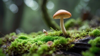 Fototapeta premium A mushroom growing on moss in a forest environment.