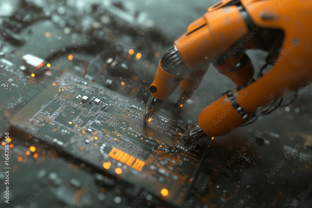 Poster futuristic robotic hand assembling circuit board with precision in a dynamic technology scene