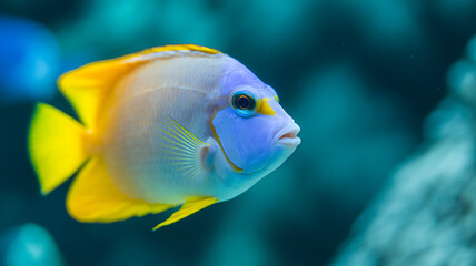 A vibrant fish with a yellow tail and fins, a blue face, and a white body, swimming in a clear blue water environment, captured with a shallow depth of field to emphasize the fish's details.