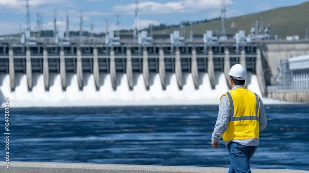 Poster an engineer strolls by a massive dam, showcasing innovation with visible turbines and a power statio