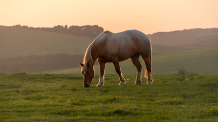 A horse grazing in a field, the horse is light brown with a white mane and tail, the field is green and lush, there are rolling hills in the background, the sky is a warm orange color, the sun is sett