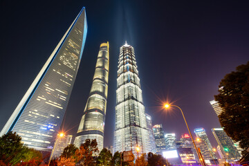 Night view of modern skyscrapers in city center