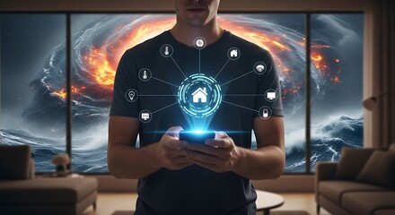 Man controls smart home technology with smartphone, futuristic interface displays connected devices
