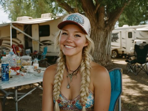 A happy young woman with blonde braided hair smiles outdoors near campers at a campground on a sunny day. - Powered by Adobe