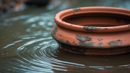 Naklejka premium Close-up of a terracotta pot floating in water with ripples and crusty edges.