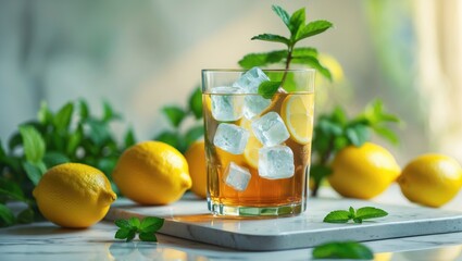 Fototapeta premium Fresh lemonade with ice, lemon slices, and mint leaves, surrounded by whole lemons on a bright surface. Refreshing citrus drink, summer, and beverage concept.