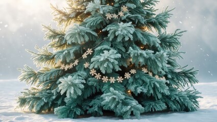 Decorated Christmas tree with snow, festive lights, and snowflakes on a winter backdrop. Holiday, celebration, and seasonal decoration. The image of Christmas and winter festivities.