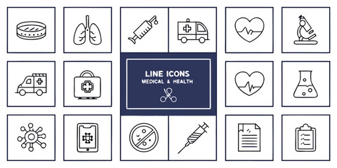 Vector art of line icons representing medical and health isolated on white background, including petri dish and lungs