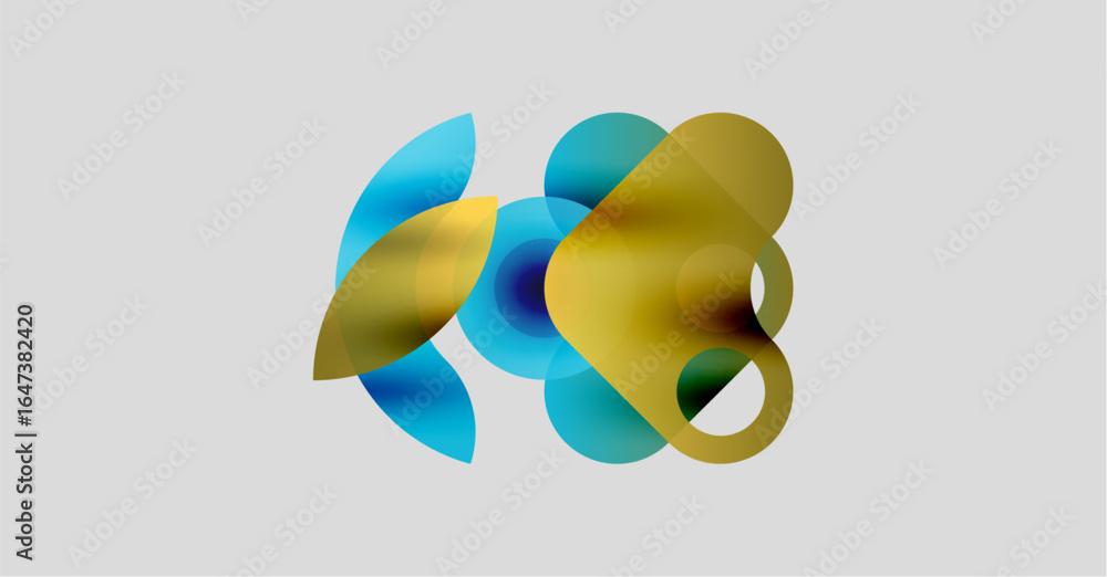 Poster abstract shapes overlap, creating colorful blends. soft gradients suggest movement, light interactio