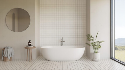 Fototapeta premium A minimalist bathroom with a freestanding white bathtub centered against a wall tiled with small, square, off-white tiles. A chrome faucet is mounted on the wall above the tub. To the left, a round mi